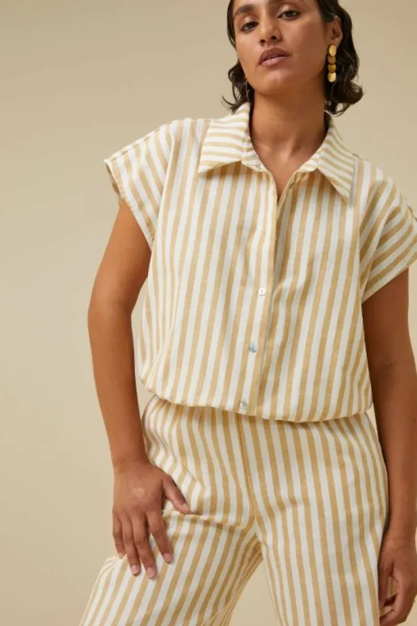 By bar Blouses<bieke linen stripe blouse | ochre